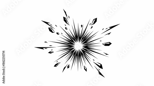 A monochrome illustration depicting an explosion effect, featuring a central bright light surrounded by jagged, radiating lines and shards