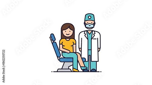 A medical illustration depicting a patient seated in a dental chair beside a healthcare professional, both with simplified features
