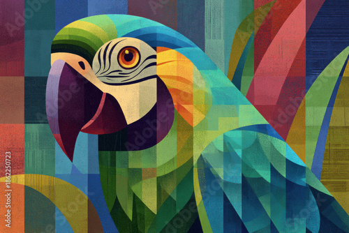 Cubist illustration of a parrot, vibrant feathers in angular shapes, modern art