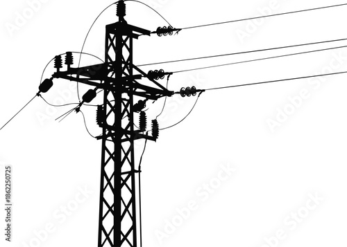 High voltage electricity transmission tower vector illustration with ceramic insulators and overhead power lines isolated on white background