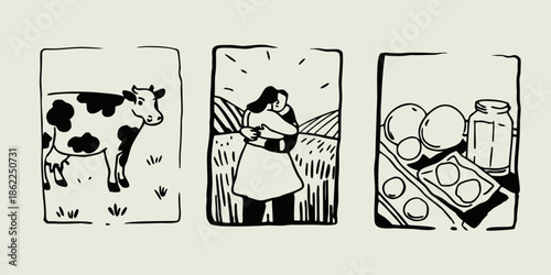 A series of illustrations depicting a cow a farmer and dairy products