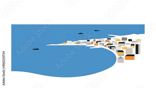 A minimalist illustration depicts a coastal scene with houses, boats, and a large body of water. The color palette is muted