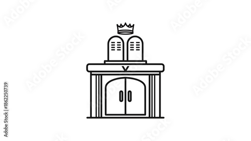 A minimalist line-art illustration depicting an architectural structure with a crown above two tablets, possibly representing historical or religious themes. The structure features a door