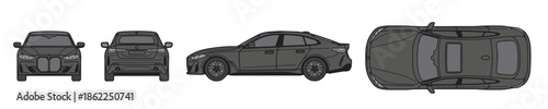 Modern Sedan Car Vector Illustration Set, Front Side Rear and Top Views