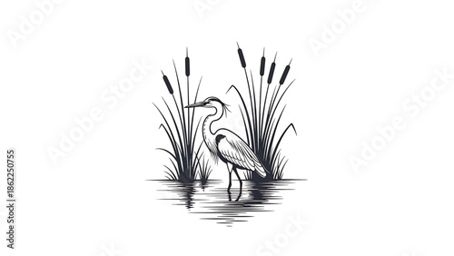 A monochrome illustration depicts a bird standing in water amidst tall reeds. The image has a clean, minimalist design with contrasting black and white