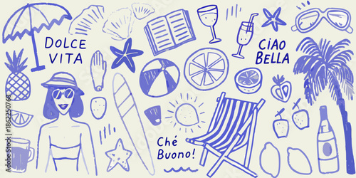 A collection of hand drawn summer vacation elements in blue sketch style