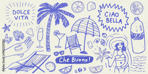 Italian summer vibes doodles of beach elements and sweet life sayings