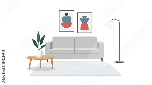 A minimalist living room illustration featuring a grey sofa, artwork, a floor lamp, a rug, a coffee table, and a potted plant