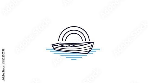 A minimalist illustration depicts a simple rowboat floating on serene waters beneath a set of stylized concentric semi-circles