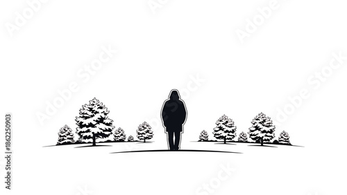 A monochrome illustration depicts a person standing amid stylized trees. A figure with a long coat and hood faces the viewer. The background is white