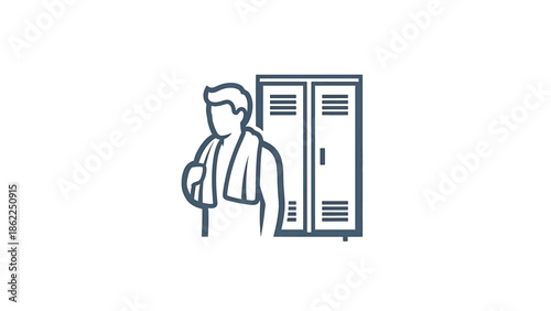 A monochrome illustration depicts a person standing near lockers, a towel draped on their shoulder. The clean outline style suggests a functional space