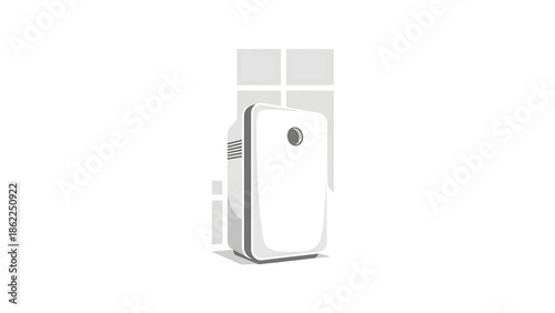 A minimalist illustration features a modern, white rectangular device with a circular opening, possibly an air purifier. Set against a simplified window backdrop