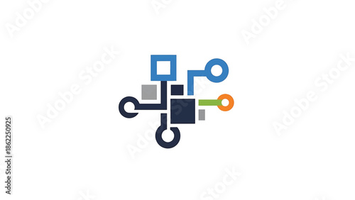 A network-like illustration featuring interconnected geometric shapes of various colors against a white background. It symbolizes connectivity