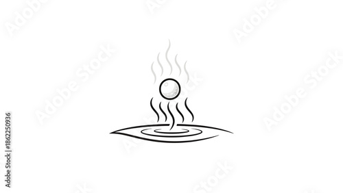 A minimalist illustration features a sphere emitting steam above concentric water-like ripples, creating a calming visual