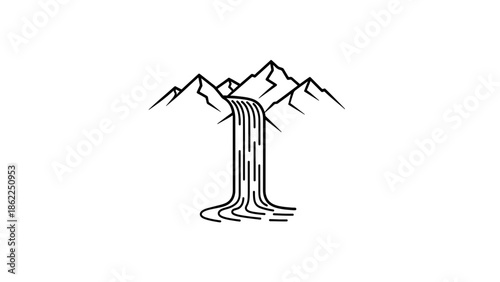 A minimalistic black and white illustration of mountains and a waterfall. The water cascades down, creating a simple landscape on white background