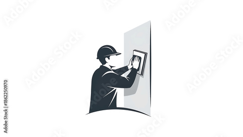A monochrome illustration depicts a person wearing a hard hat working on a wall with a tool. The figure is applying something to the surface