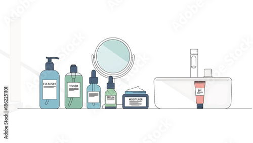 A minimalist illustration features various skincare products including cleansers, toners, serums, and moisturizers on a counter next to a mirror and a sink