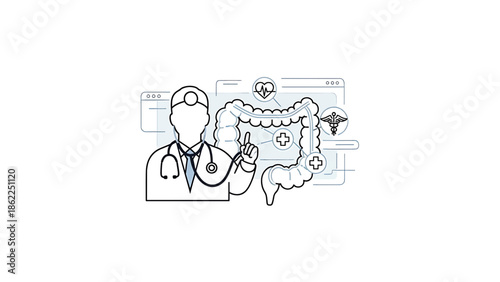 A medical illustration depicts a doctor pointing to a stylized representation of the colon, with related medical symbols nearby
