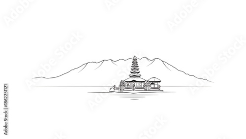 A monochrome illustration depicts a tiered structure, mountains, and water. A multi-tiered structure, with water in the foreground