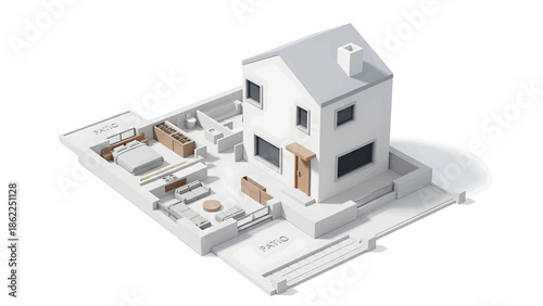 A modern 3D rendering of a house with visible interior and exterior layouts. It features living spaces, bedrooms, patios, and outdoor stairs