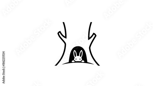 A minimalist illustration of a bunny peeking out from a tree hollow, rendered in black and white lines. The tree is stylized