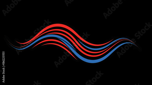 A minimalist illustration features wavy, parallel lines in red and blue hues against a deep black background. The design suggests movement and fluidity