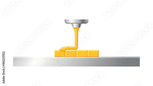 A nozzle pours a viscous, yellow liquid onto a row of four rectangular yellow blocks, sitting on a gray shelf. The background is white