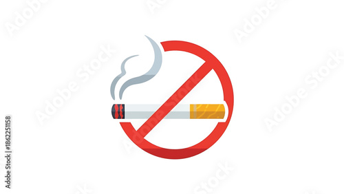 A no-smoking sign, featuring a cigarette with smoke, overlaid by a red circle with a diagonal line. The background is pure white