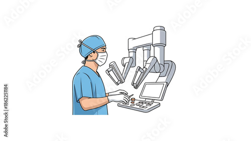 A medical illustration depicts a surgeon using a robotic surgical system. The surgeon wears scrubs, a mask, and gloves while operating on controls