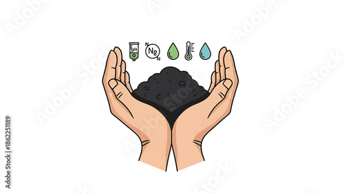 A pair of hands cupping a pile of soil, with icons depicting pH, Nitrogen, moisture, temp and water droplets, all set on a plain white background