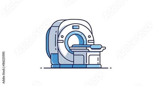 A medical illustration of a CT scanner. The image shows the scanner's circular structure and a table within the central opening in a flat, illustrative style