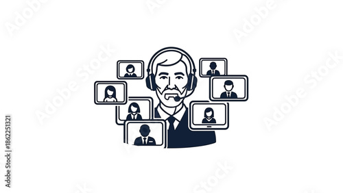 A monochrome illustration features a man wearing a headset amidst screens showcasing various faces. The image represents a virtual meeting