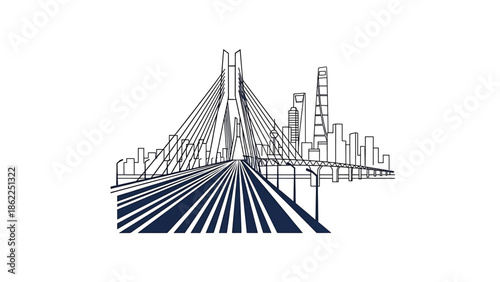 A monochrome illustration features a modern bridge with a complex cable-stayed design leading to a city skyline of skyscrapers