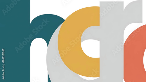 A modern art piece composed of overlapping, textured letterforms in teal, gold, grey, and coral against a white background.  Abstract design