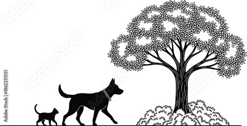 Dog and cat silhouettes walking together near a tree, peaceful animal companionship scene in nature isolated on white background for pet, lifestyle, and outdoor concepts