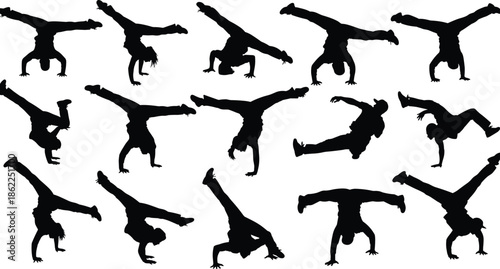 Breakdance silhouettes collection featuring street dancers performing dynamic handstands and acrobatic moves, hip hop urban dance action poses isolated on white background