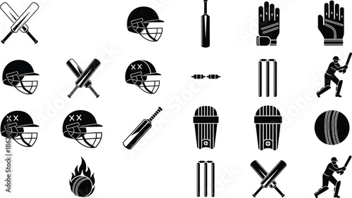 Cricket sport icons and silhouettes set featuring bats, helmets, gloves, wickets, balls, and players, black flat symbols isolated on white background for sports design and branding concepts