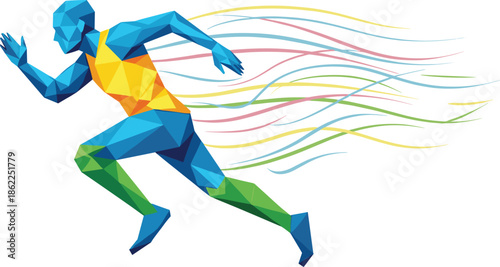 Abstract low poly runner illustration showing dynamic sprint motion with colorful geometric shapes and flowing lines, modern athletic speed concept isolated on white background