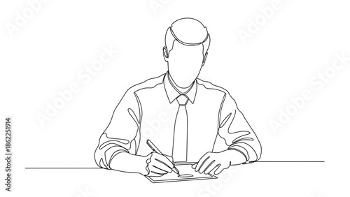 A continuous line drawing depicts a businessman seated at a desk intently writing with a pen suggesting focused work