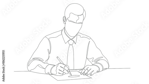 A single continuous line drawing depicts a businessman diligently writing or signing a document at his desk