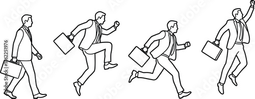Businessman Career Progression Outline Vector Illustration Showing Professional Man Walking, Running and Jumping Toward Success, Ambition and Corporate Growth Concept