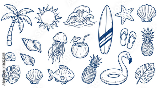 Hand-Drawn Beach and Summer Doodle Icons Set, beach doodles, summer icons, hand drawn beach, vacation doodles, beach line art, blue line art, tropical icons, coastal illustrations, summer clipart, 