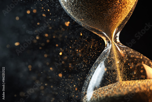 Close-up of a golden hourglass with sand streaming down, dark black background, powerful time passing metaphor