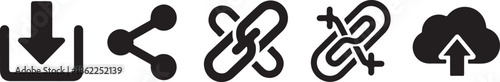 Black vector graphic illustrations of download upload and link icons