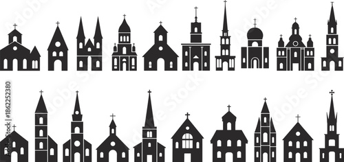 Church building silhouettes collection featuring various cathedral and chapel styles, black religious architecture icons set for faith, worship, cityscape, and design use
