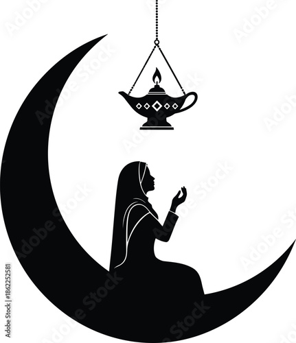 Muslim woman silhouette praying on crescent moon with hanging lantern, Islamic faith, spirituality and Ramadan night worship concept illustration