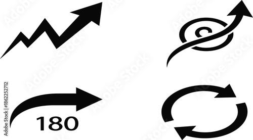 Set of black arrow symbols showing growth, rotation, swirl and 180 degree turn directions, isolated on white background