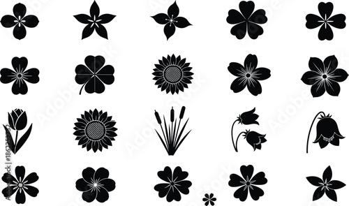 Set of black floral silhouettes and flower icons, botanical shapes and decorative elements, isolated on white background for design use