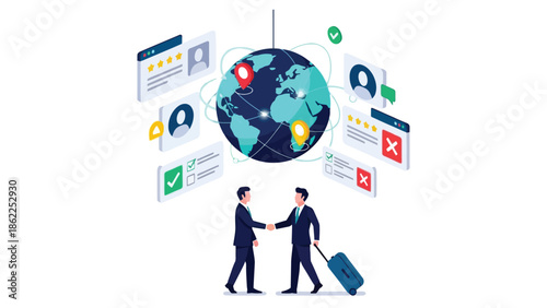 Global connections business partnerships and international collaboration are illustrated with a world globe and interacting figures