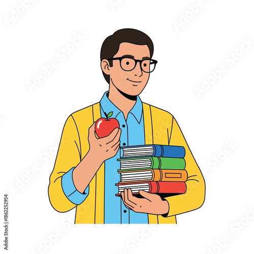 Teacher with Books and Apple